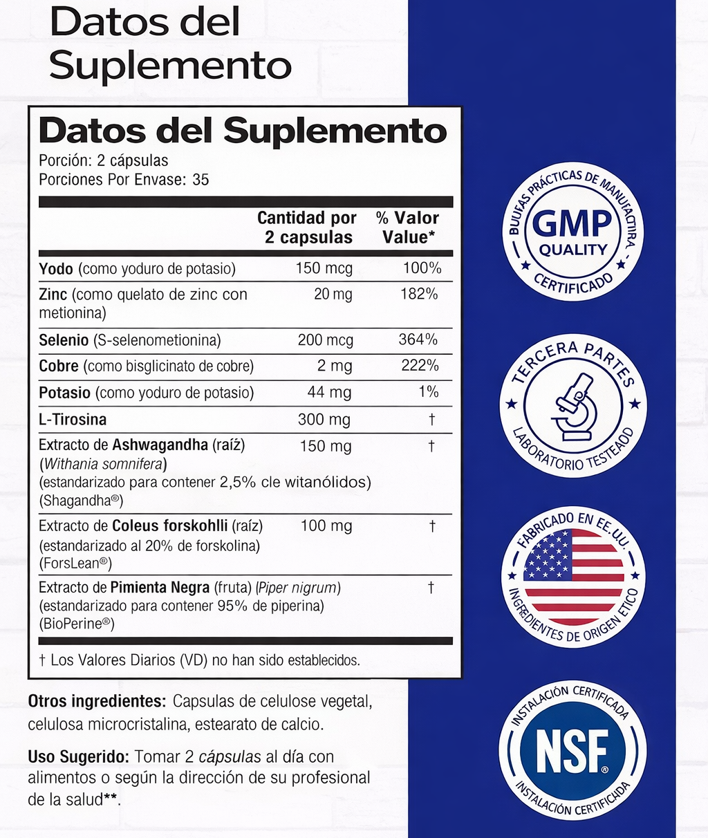THYROID SUPPORT® - Suplemento para Tiroides con Selenio, Zinc y Yodo — Complemento Natural para Hipotiroidismo y Hashimoto.